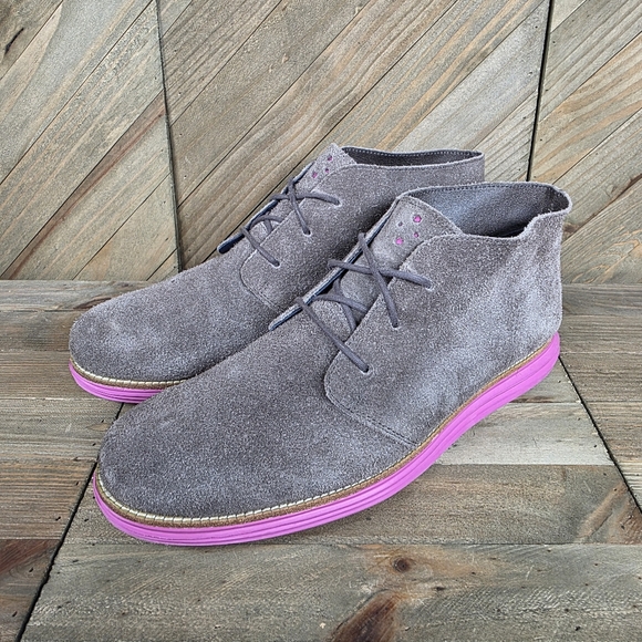 Cole Haan LunarGrand Mens Lace Up Chukka Boots Size 12 Grey Suede Orchid Pink main image 2